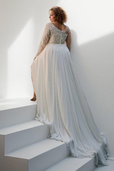 A-Line Sweep-Brush Train Lace Chiffon Wedding Dress CW3495 - COCOMELODY