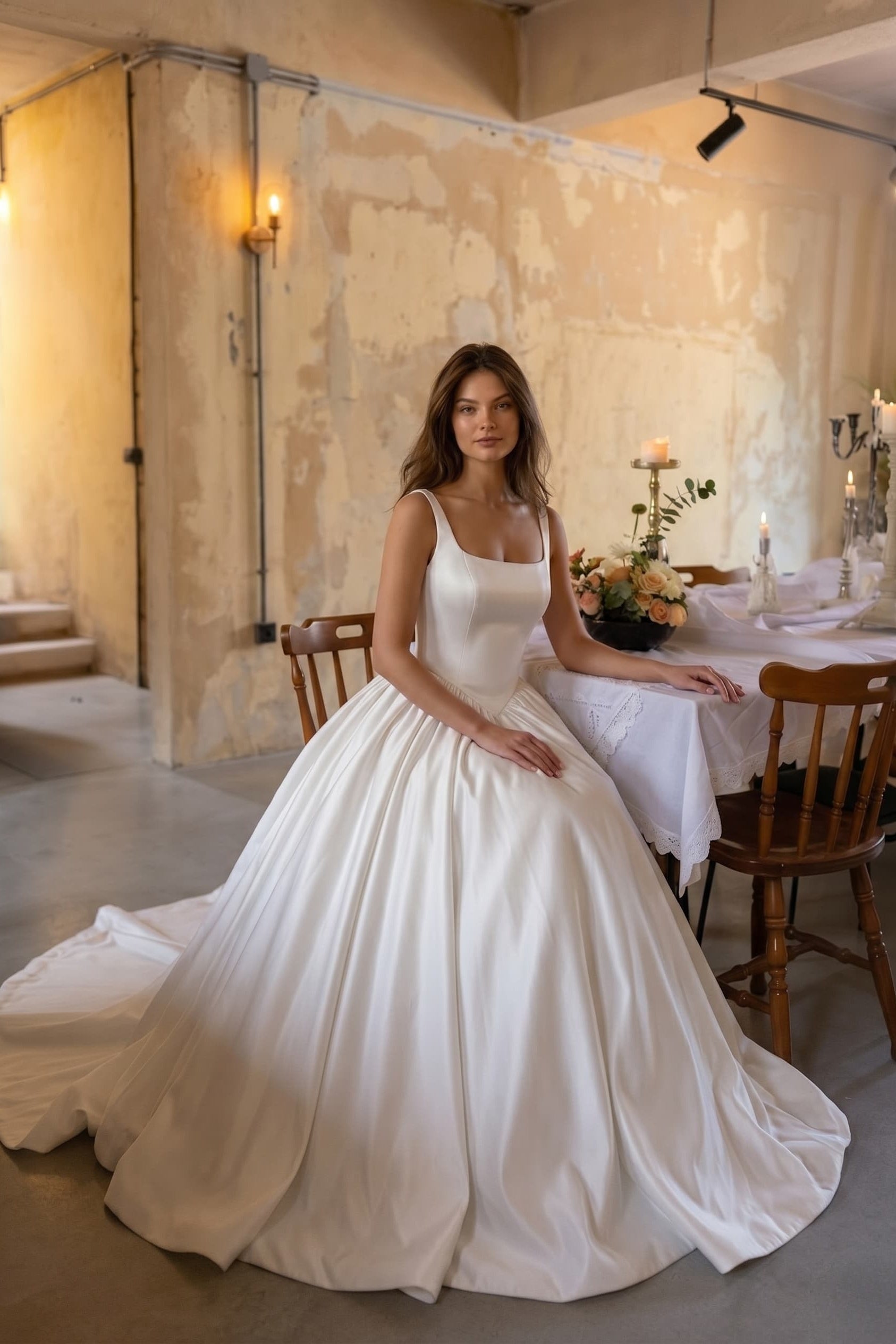 Simple Satin Basque Waist Wedding Dress A-Line Square Neck Bridal Gown with Bow COCOMELODY CW3503, 25 Days / Ivory / US16-UK18-EUR46
