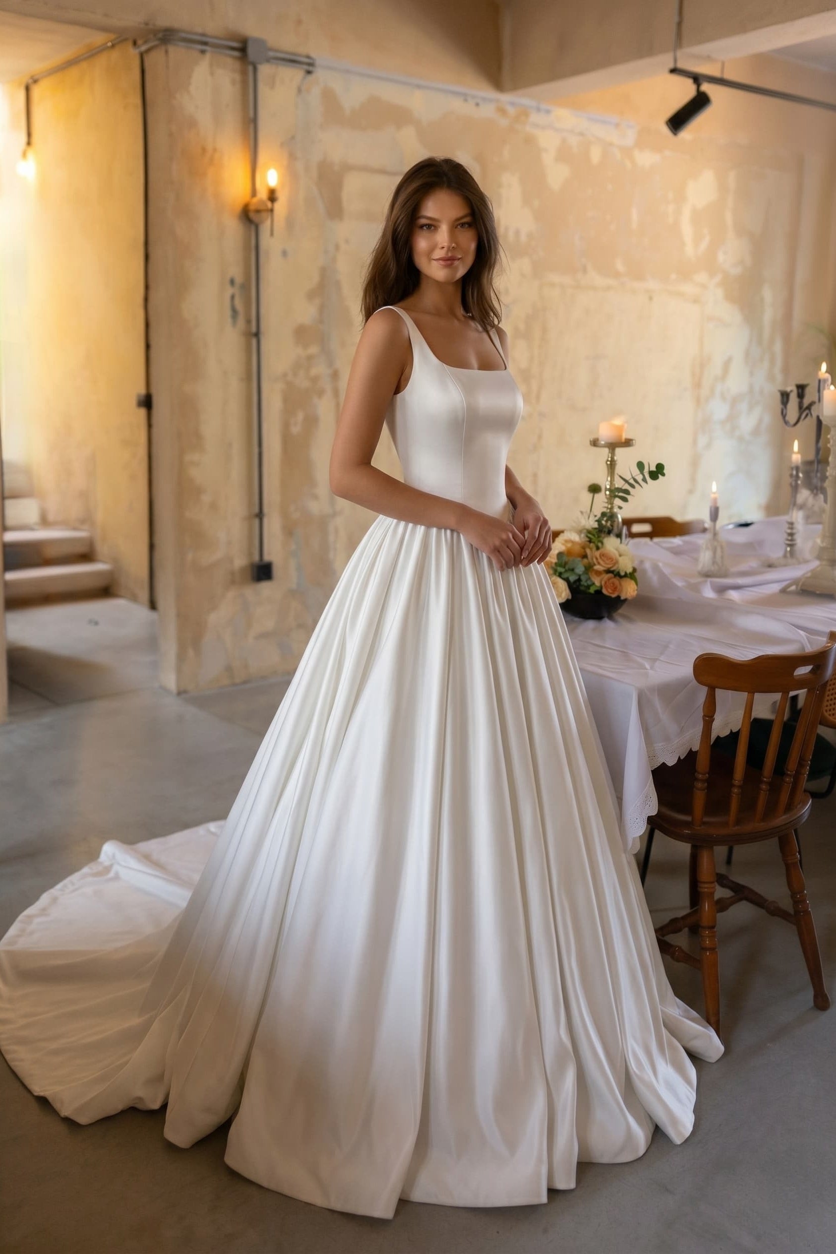 Simple Satin Basque Waist Wedding Dress A-Line Square Neck Bridal Gown with Bow COCOMELODY CW3503, 25 Days / Ivory / US16-UK18-EUR46
