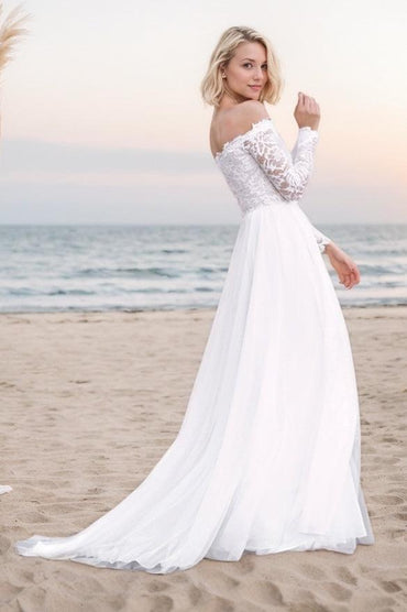 A-Line Sweep-Brush Train Lace Wedding Dress CW3508 - COCOMELODY