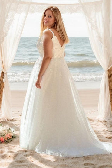 A-Line Sweep-Brush Train Lace Tulle Wedding Dress CW3510 - COCOMELODY