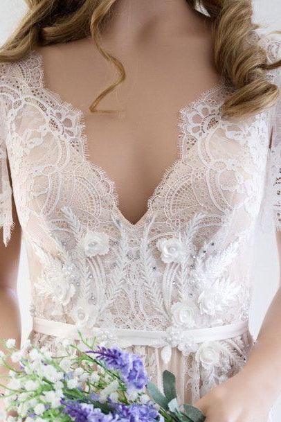A-Line Wedding Dress with V-Neck Short Sleeves & Sweep Train Boho