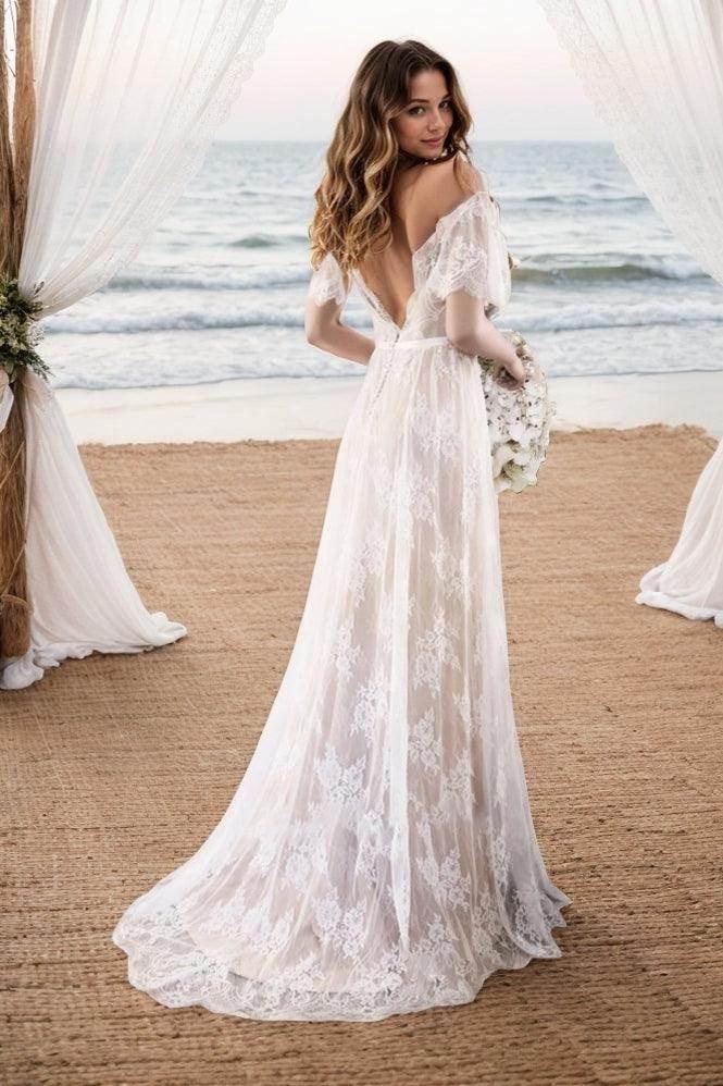 A-Line Wedding Dress with V-Neck Short Sleeves & Sweep Train Boho Wedding Dress COCOMELODY CW3511, 20 Days / As Picture / US20-UK22-EUR50
