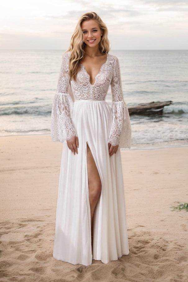 Elegant Lace Chiffon A-Line Wedding Dresses Floor Length V-Neck Boho Bridal Gown COCOMELODY CW3518, 25 Days / Ivory / US10-UK12-EUR40
