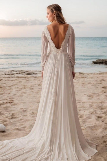 A-Line Sweep-Brush Train Lace Chiffon Wedding Dress CW3521 - COCOMELODY