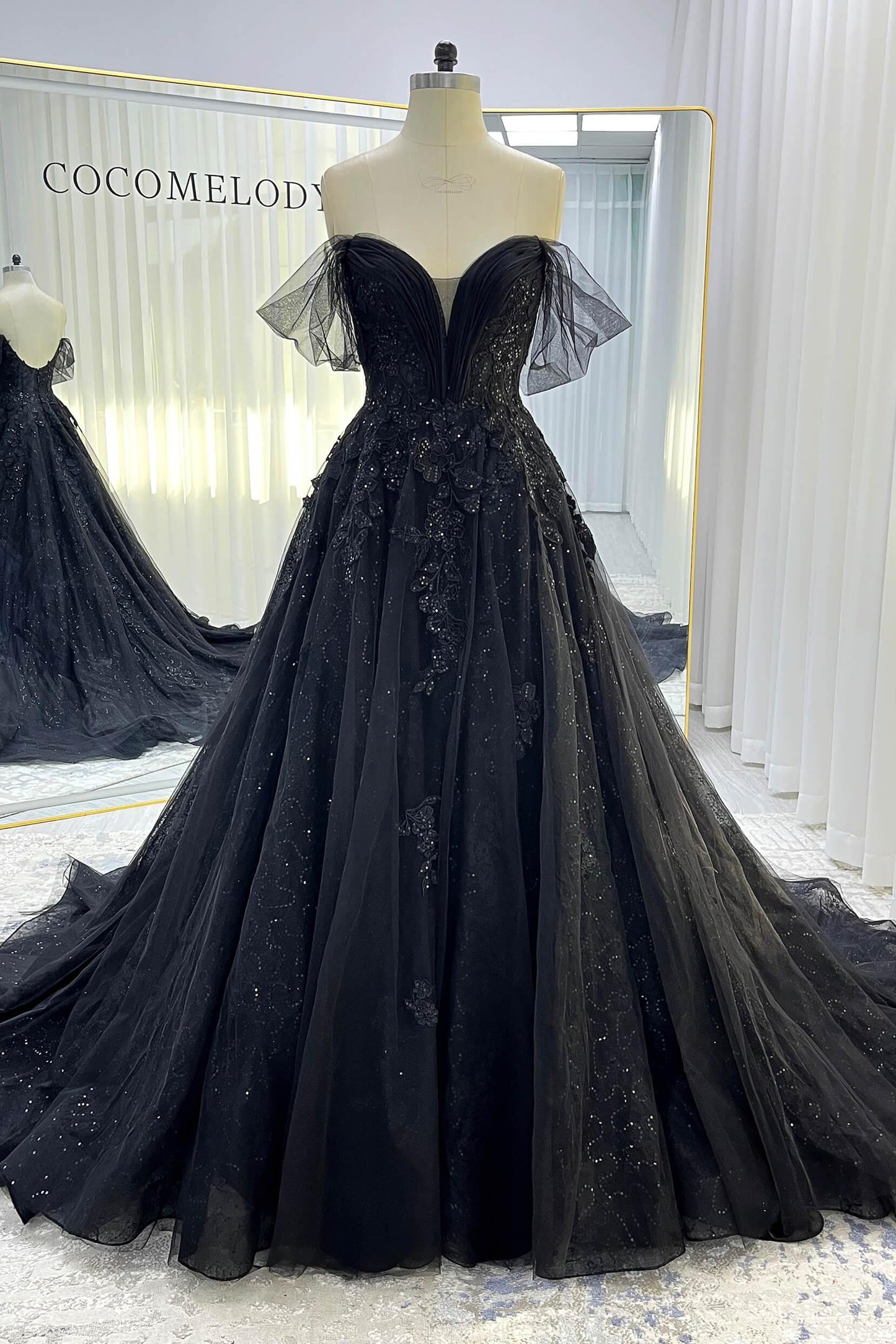 A-Line Court Train Sparkle Tulle Wedding Dress CW3527 - COCOMELODY