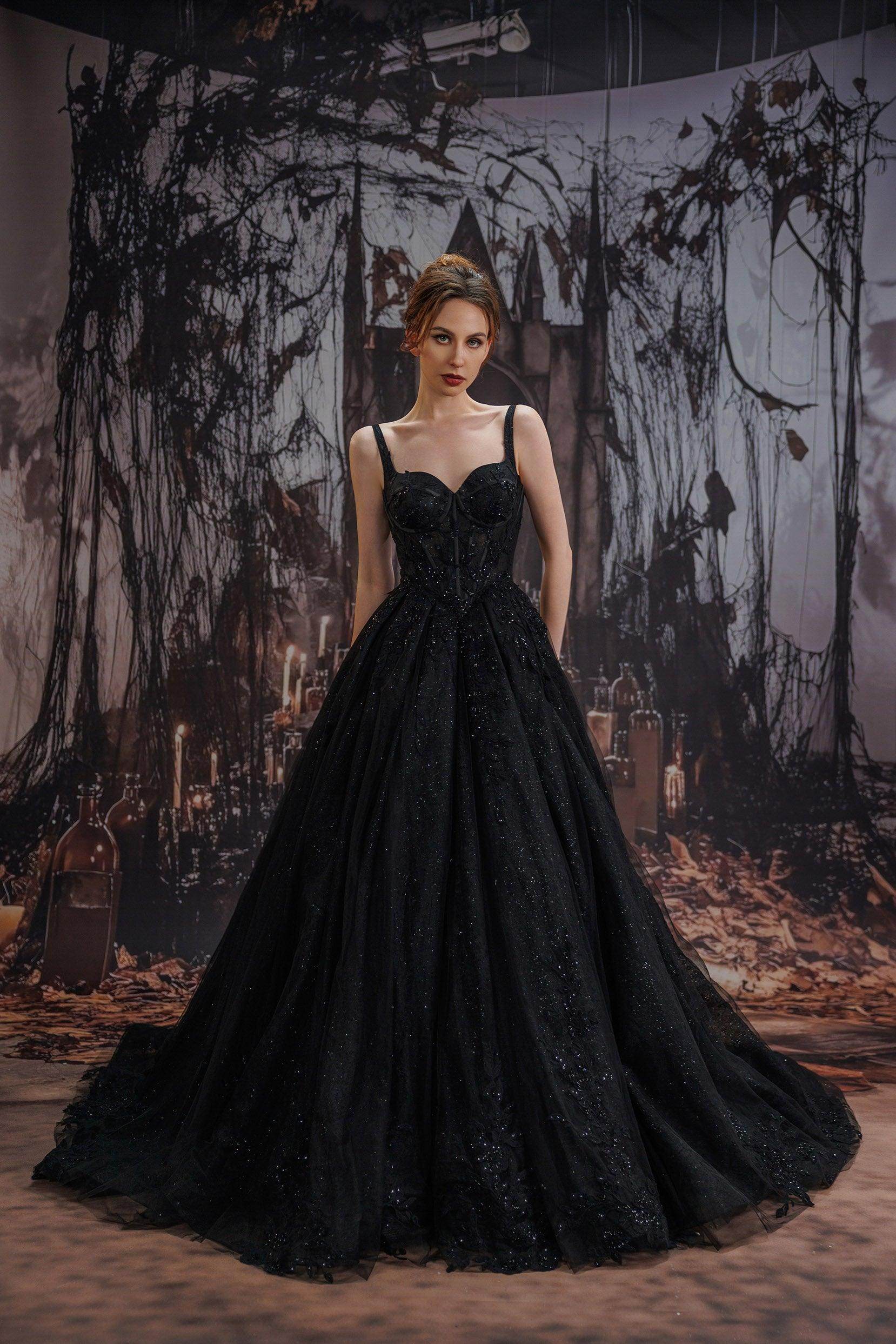 Black Corset Black Sparkly Wedding Dress Long Lace Fitted Mermaid