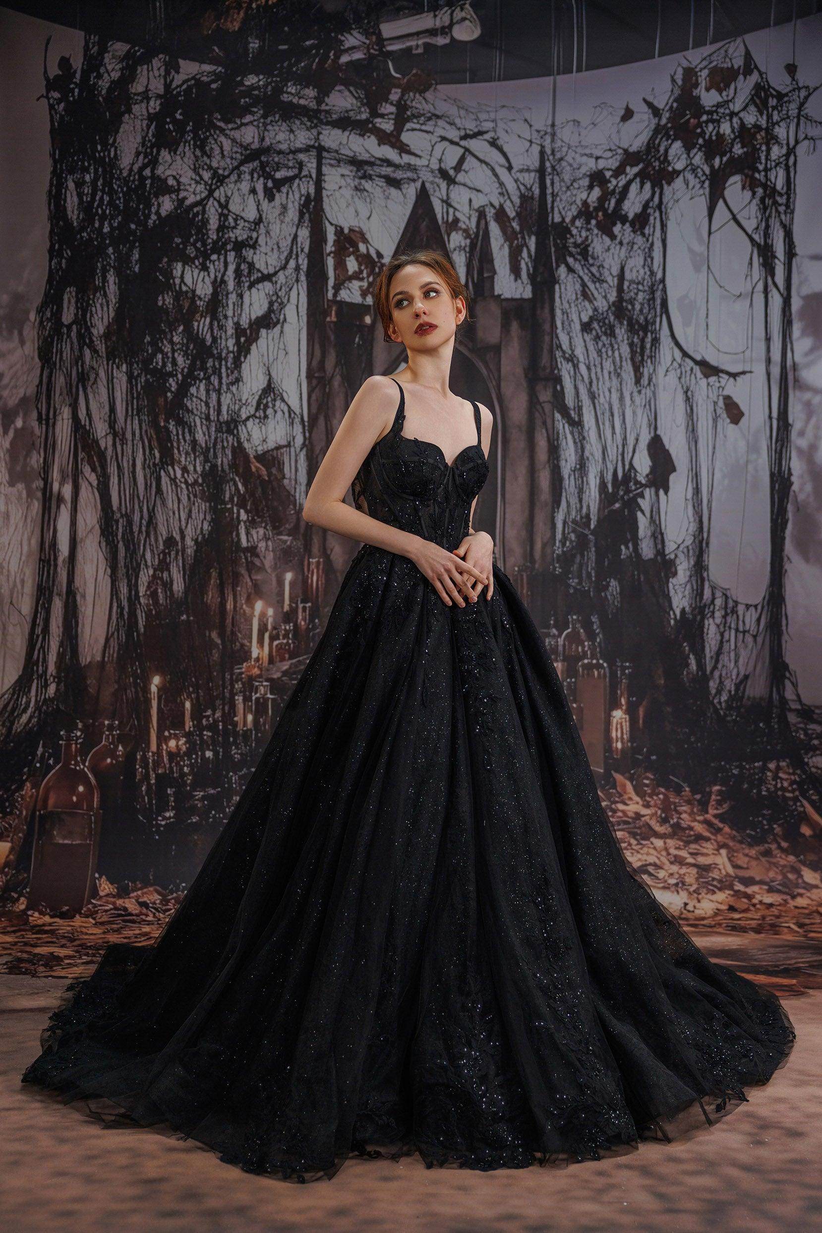 vintage black wedding dresses TRHTX Glitter Tulle Beaded Wedding Gown Sweetheart handcrafted by our seasoned tailors through detailed craftsmanship KissProm Modern Gothic Boho Lace