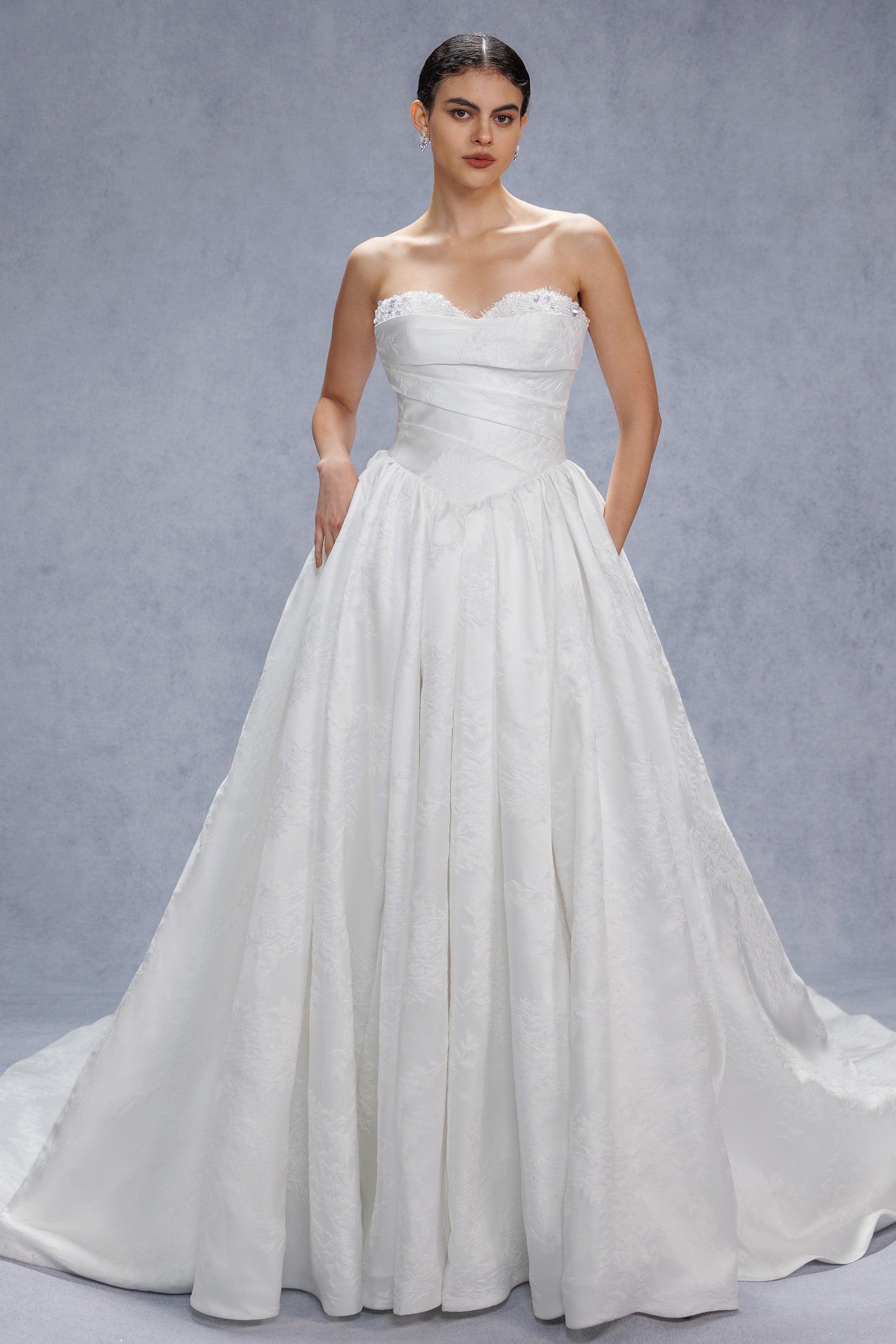 Ball Gown Court Train Jacquard Satin Wedding Dress CW3532 - COCOMELODY