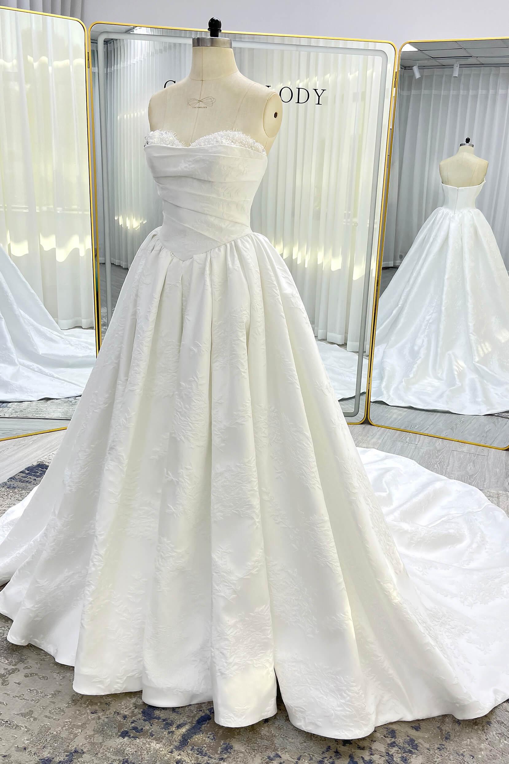 Ball Gown Court Train Jacquard Satin Wedding Dress CW3532 - COCOMELODY