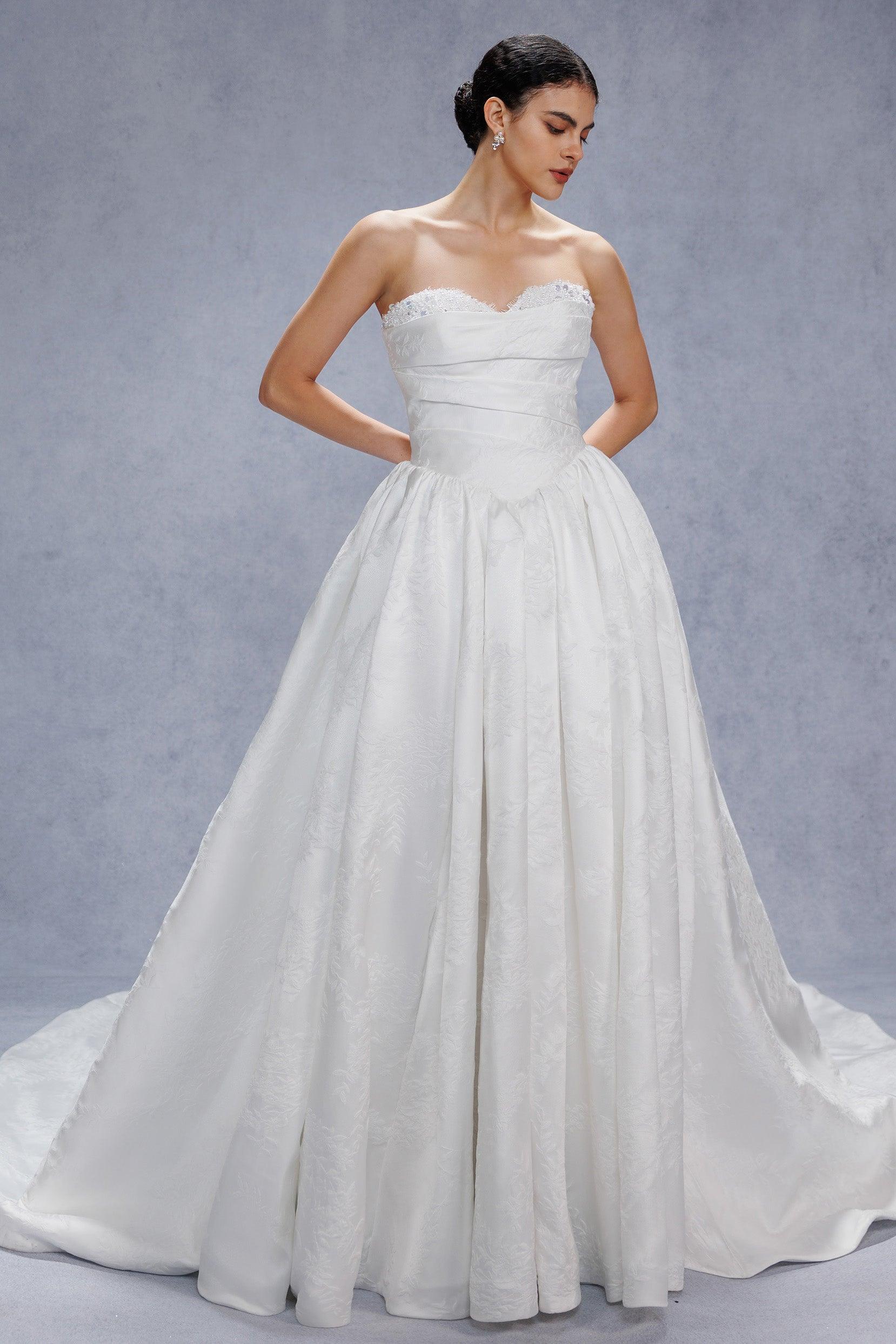 Ball Gown Court Train Jacquard Satin Wedding Dress CW3532 - COCOMELODY