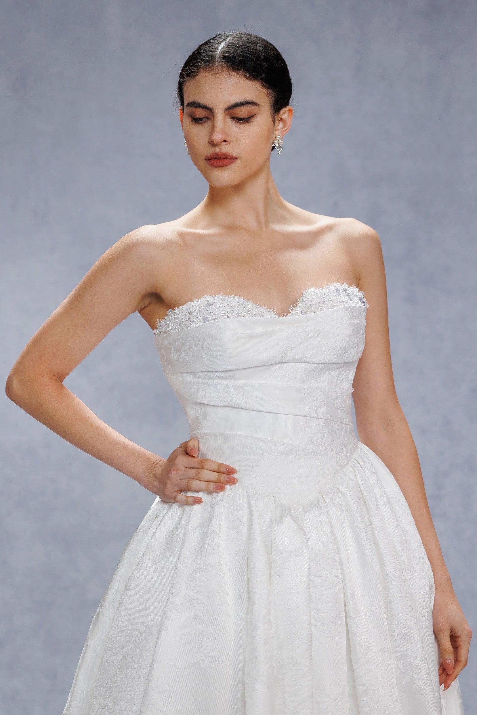 Ball Gown Court Train Jacquard Satin Wedding Dress CW3532 - COCOMELODY