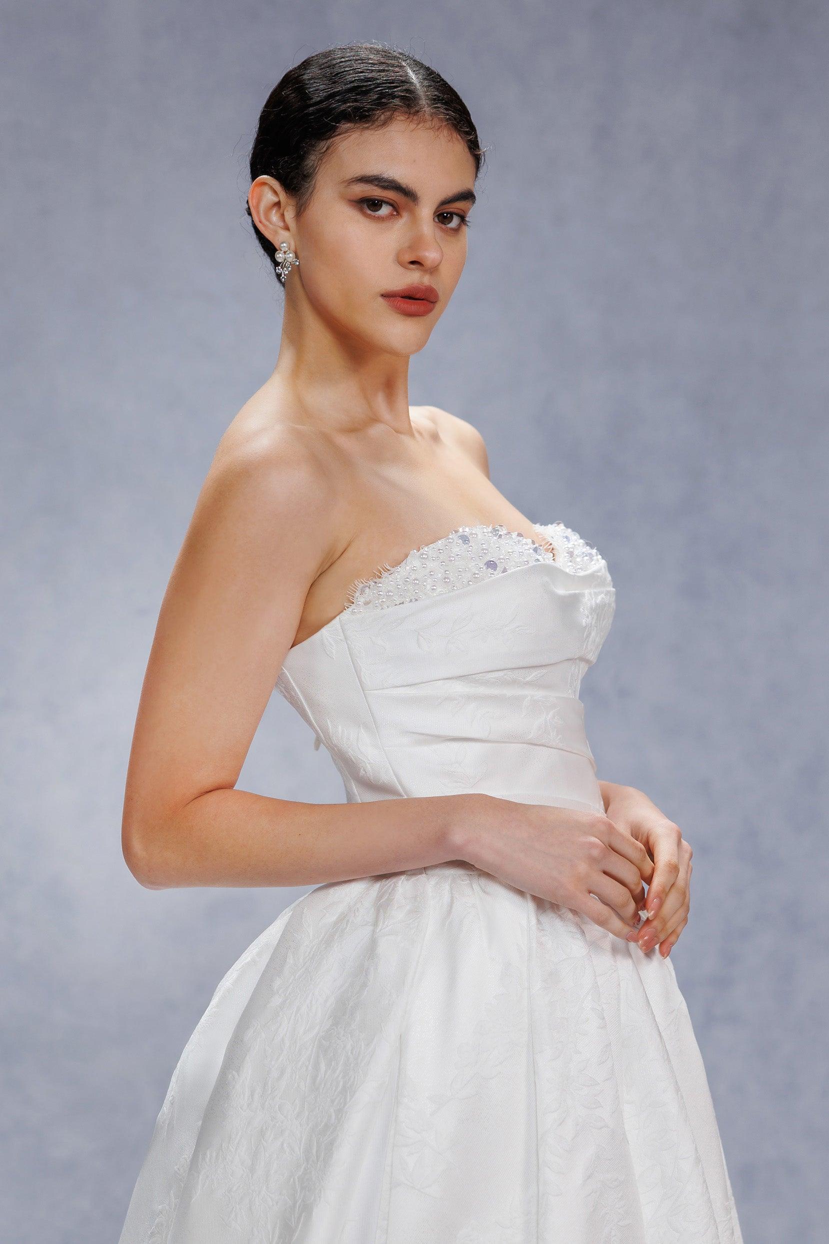 Ball Gown Court Train Jacquard Satin Wedding Dress CW3532 - COCOMELODY