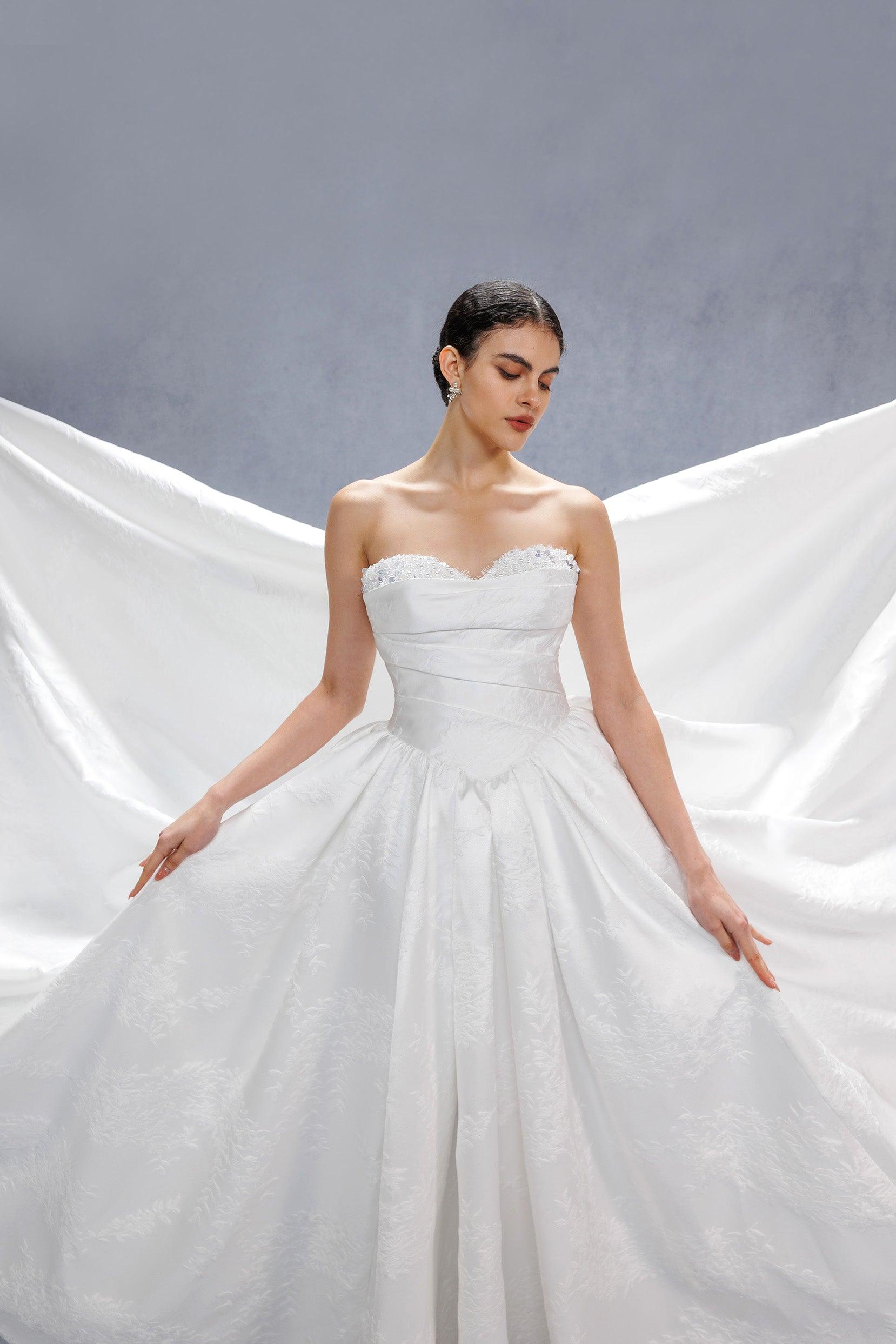 Ball Gown Court Train Jacquard Satin Wedding Dress CW3532 - COCOMELODY