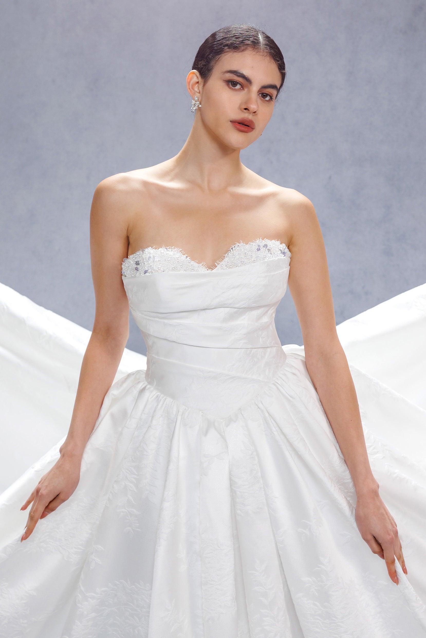Ball Gown Court Train Jacquard Satin Wedding Dress CW3532 - COCOMELODY