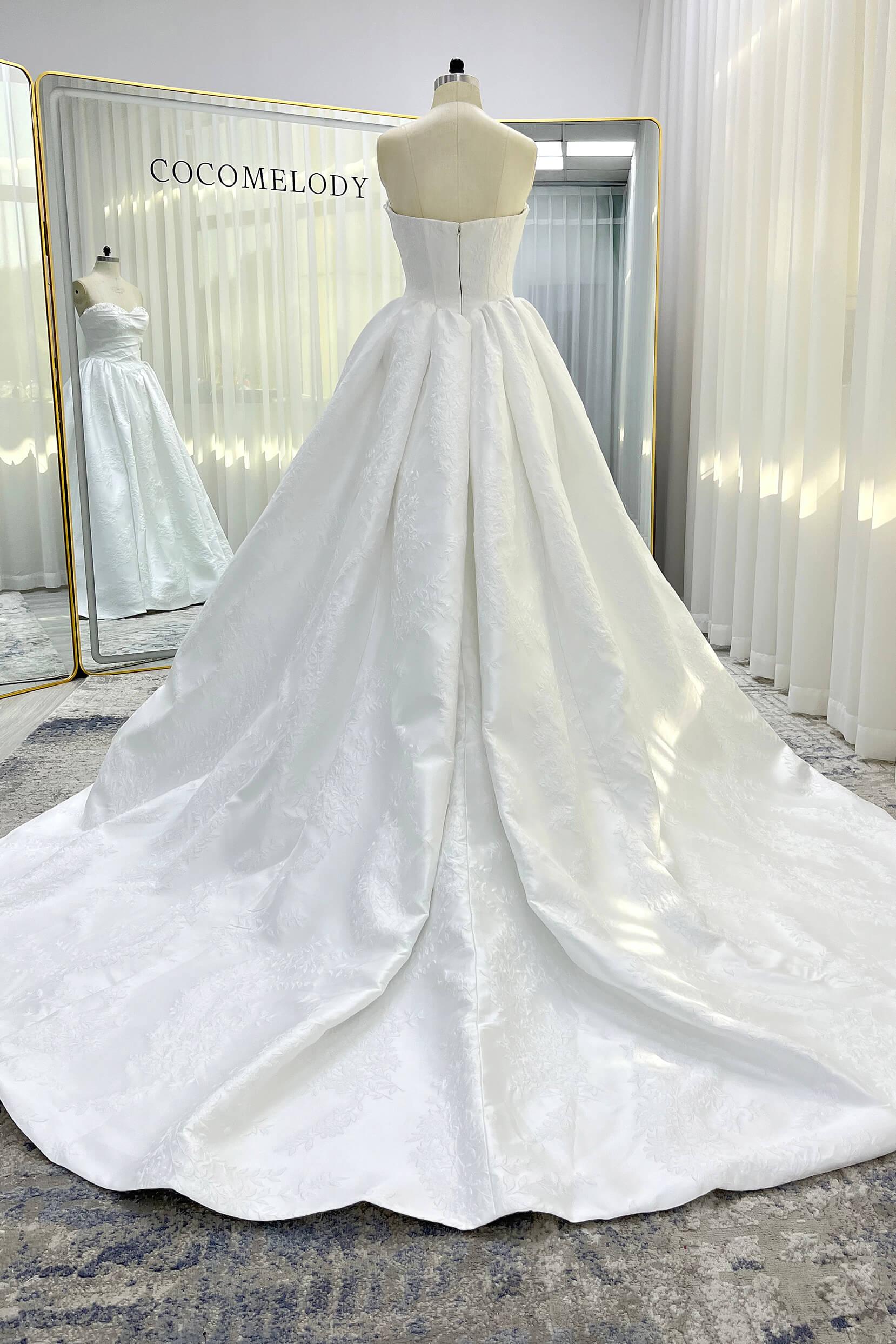 Ball Gown Court Train Jacquard Satin Wedding Dress CW3532 - COCOMELODY