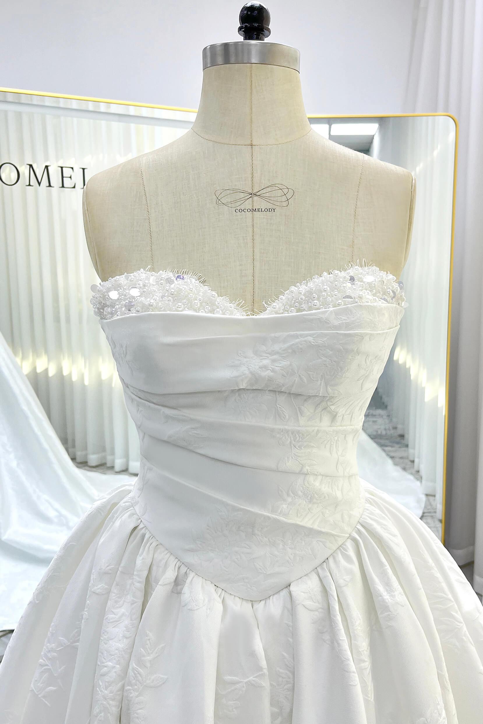Ball Gown Court Train Jacquard Satin Wedding Dress CW3532 - COCOMELODY