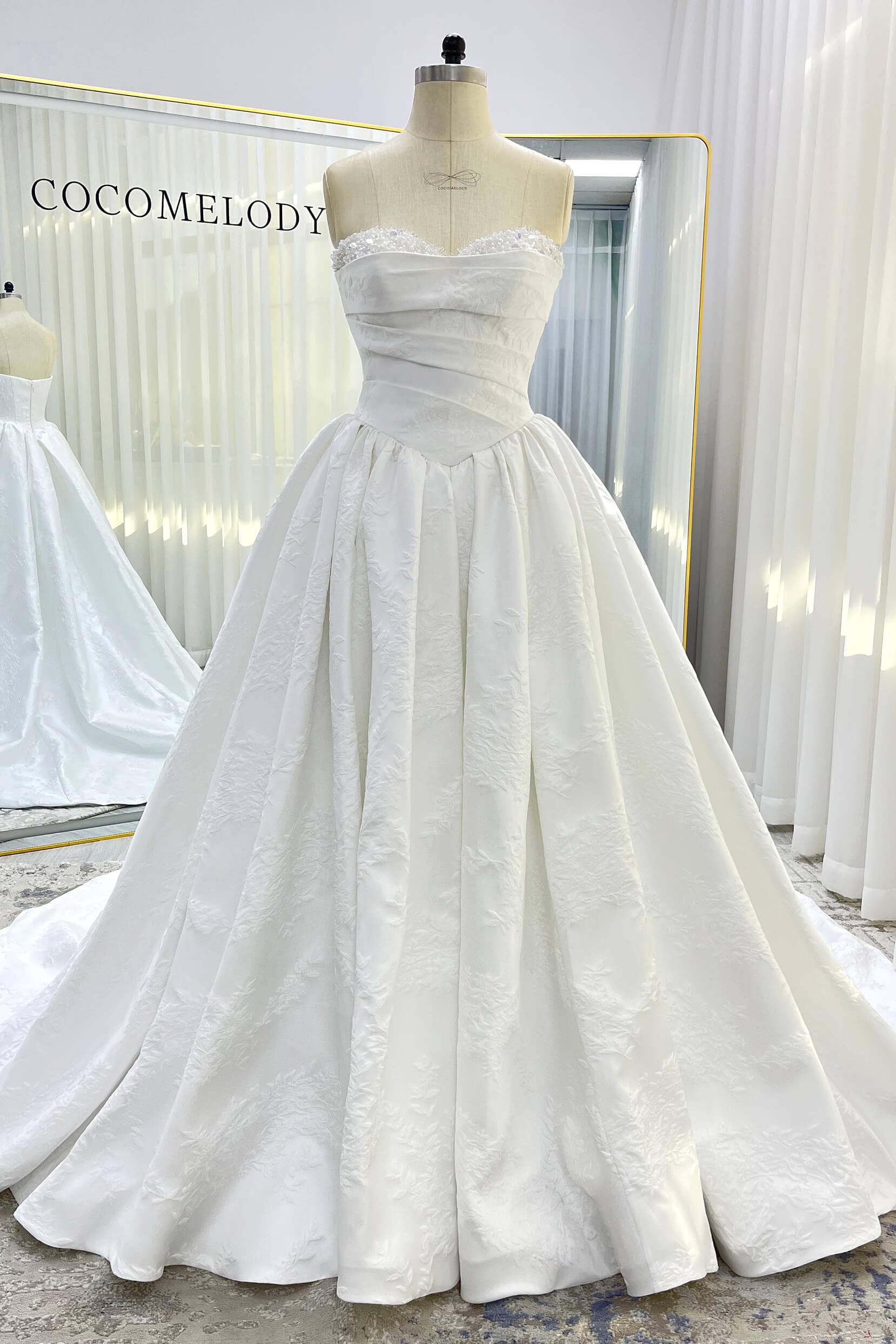 Ball Gown Court Train Jacquard Satin Wedding Dress CW3532 - COCOMELODY