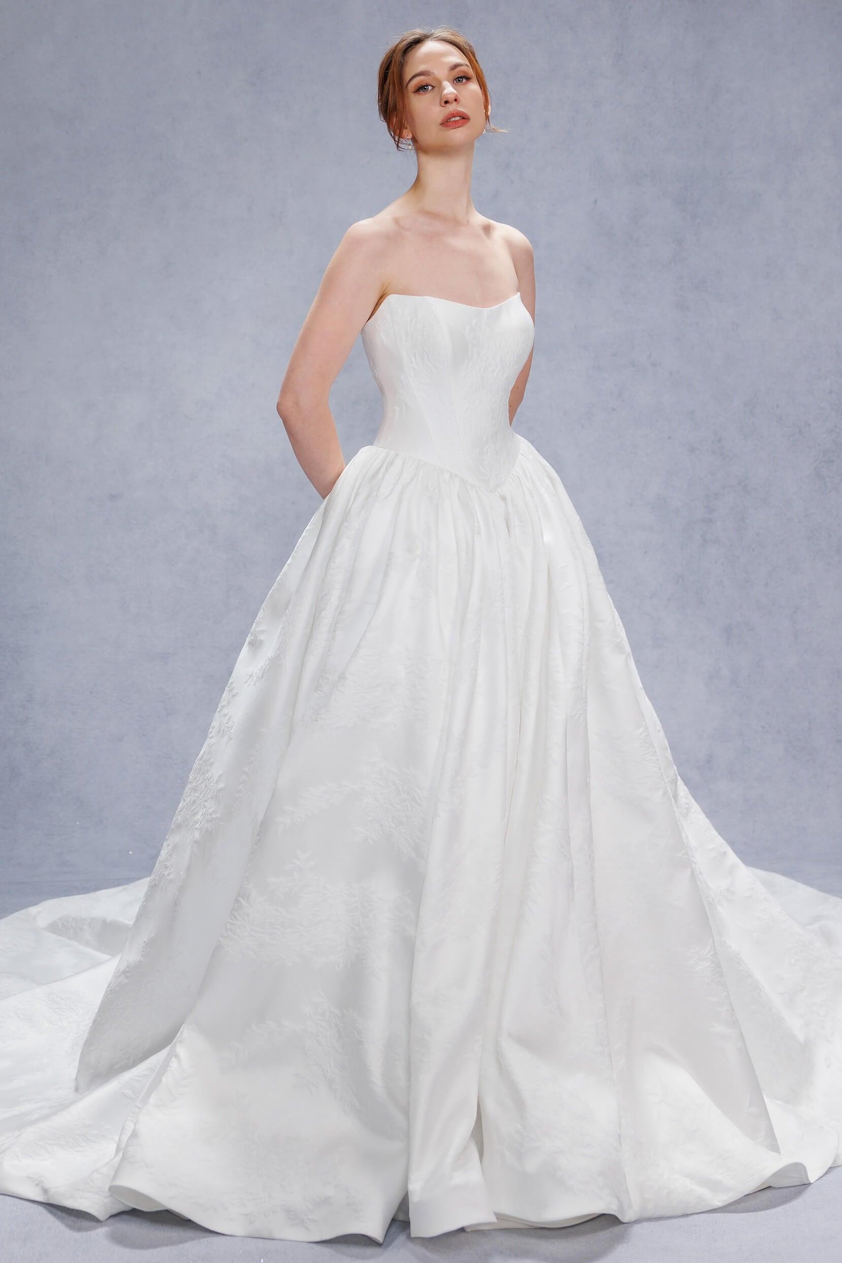Ball Gown Court Train Jacquard Satin Wedding Dress CW3533 - COCOMELODY