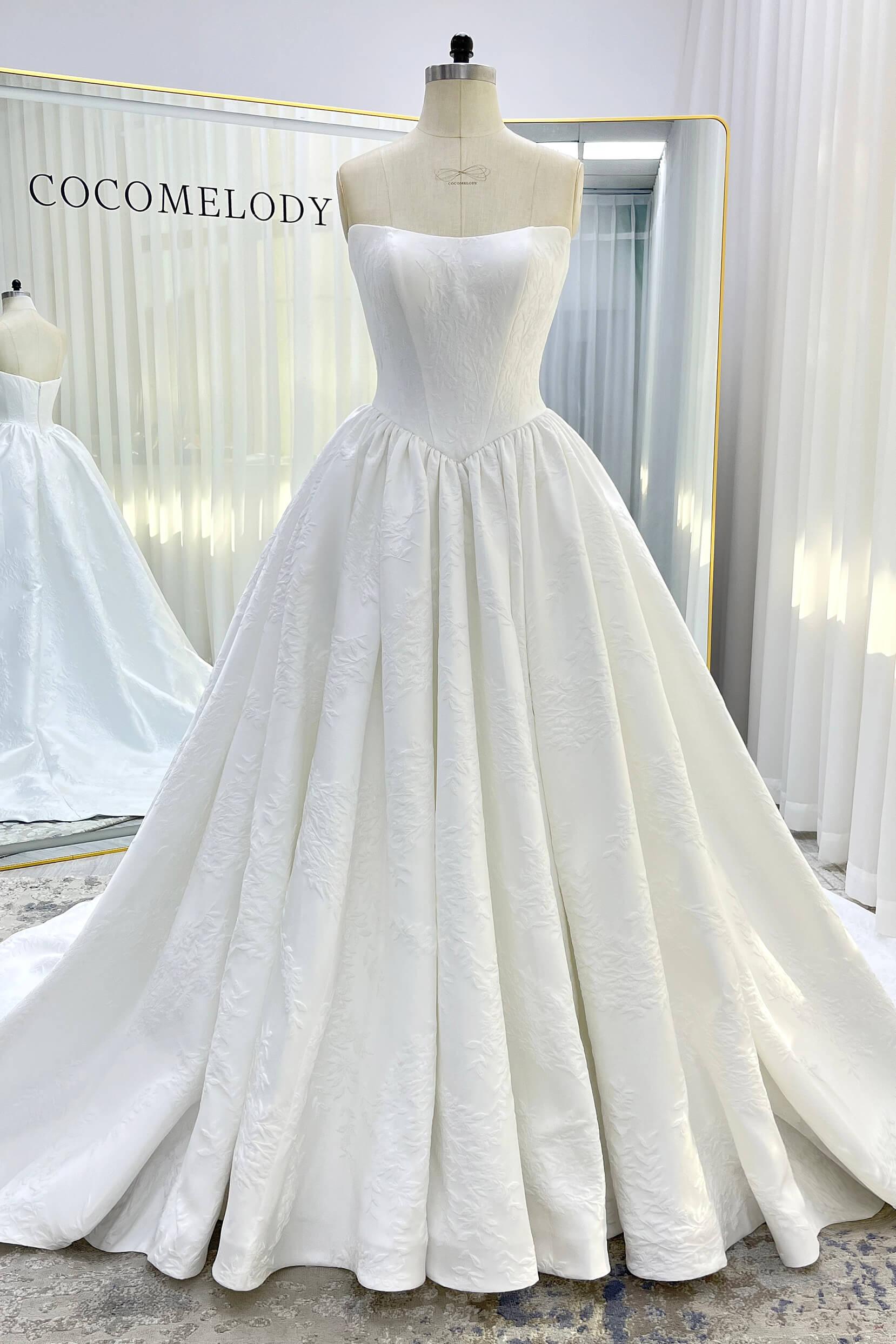 Ball Gown Court Train Jacquard Satin Wedding Dress CW3533 - COCOMELODY