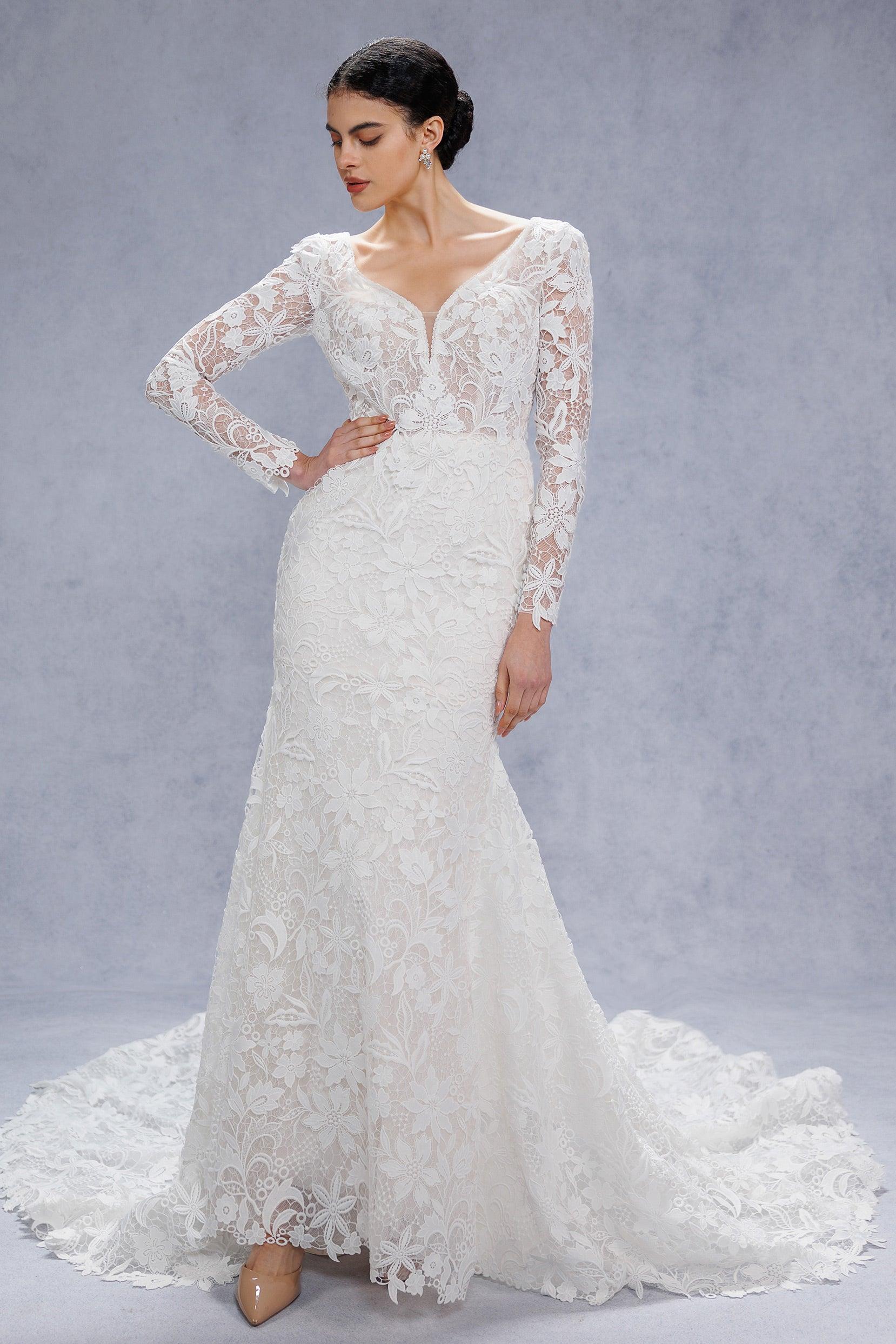 Trumpet-Mermaid Court Train Lace Tulle Wedding Dress CW3540 - COCOMELODY