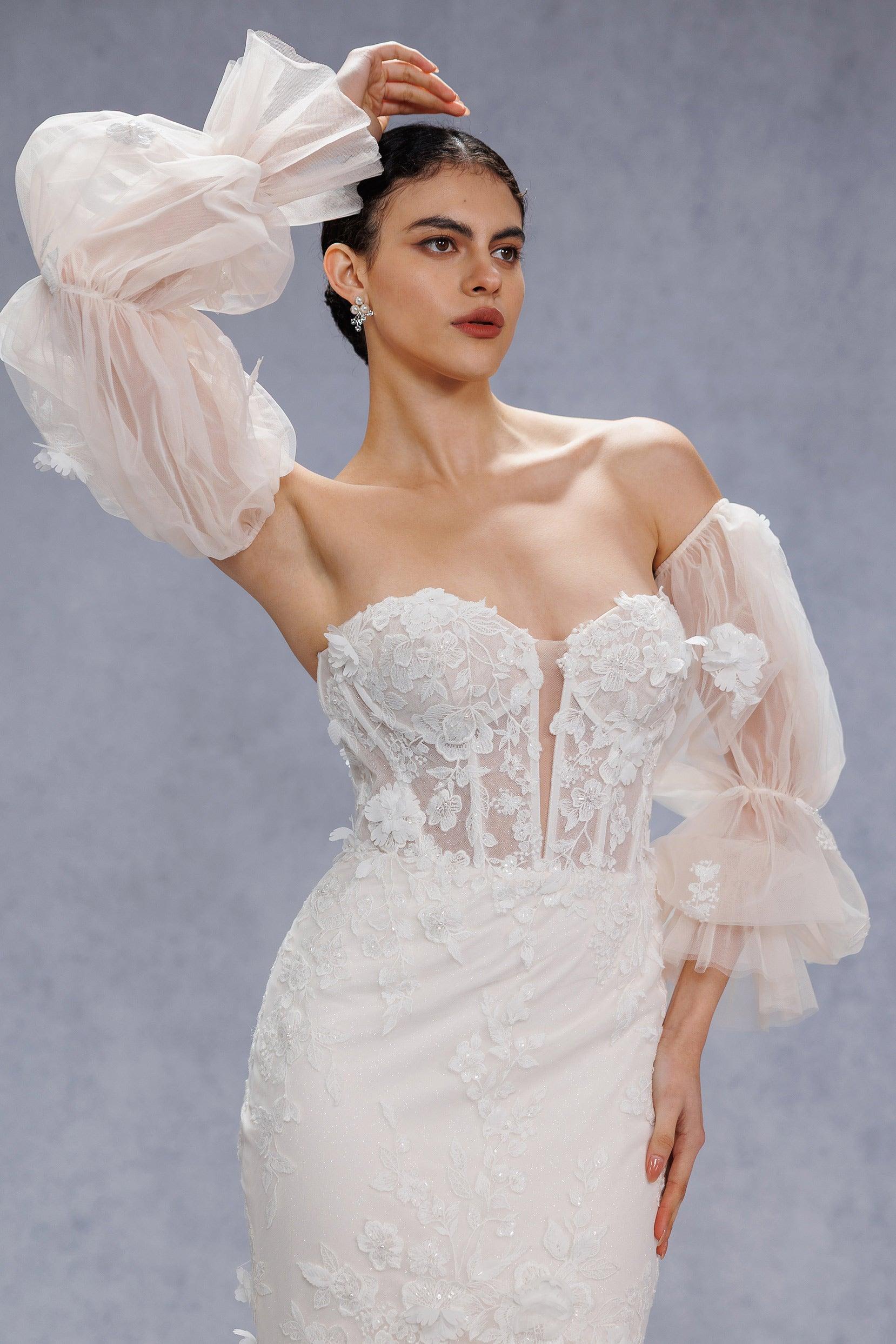 Trumpet-Mermaid Chapel Train Lace Tulle Wedding Dress CW3541 - COCOMELODY