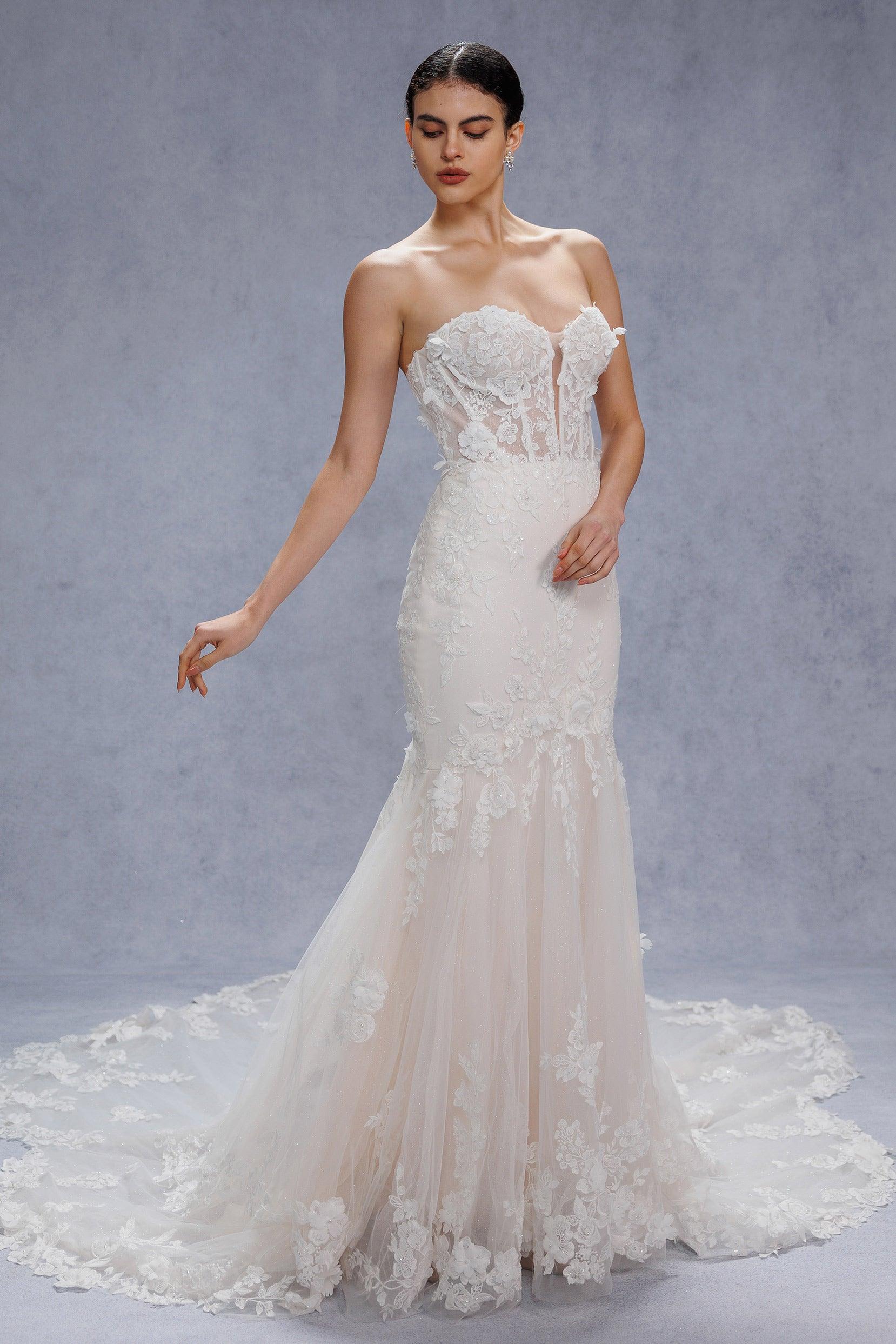 Trumpet-Mermaid Chapel Train Lace Tulle Wedding Dress CW3541 - COCOMELODY