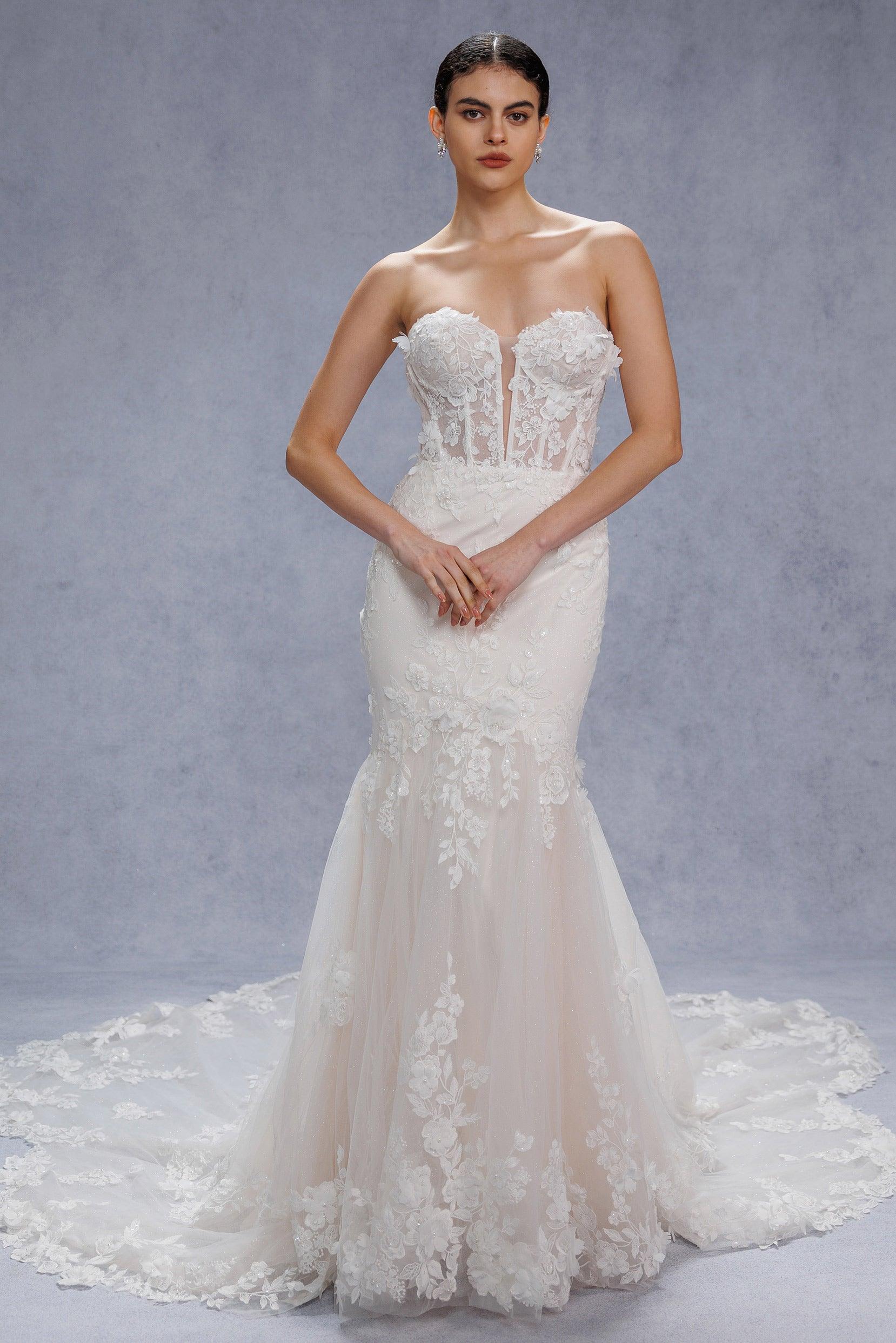 Trumpet-Mermaid Chapel Train Lace Tulle Wedding Dress CW3541 - COCOMELODY