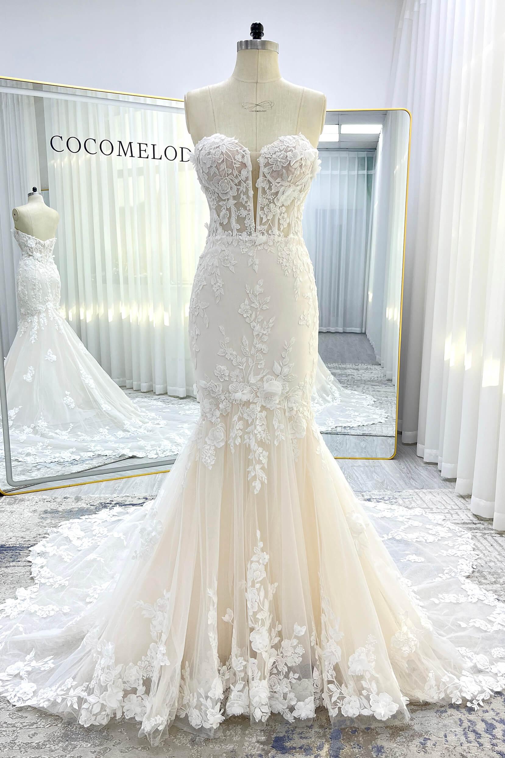 Trumpet-Mermaid Chapel Train Lace Tulle Wedding Dress CW3541 - COCOMELODY