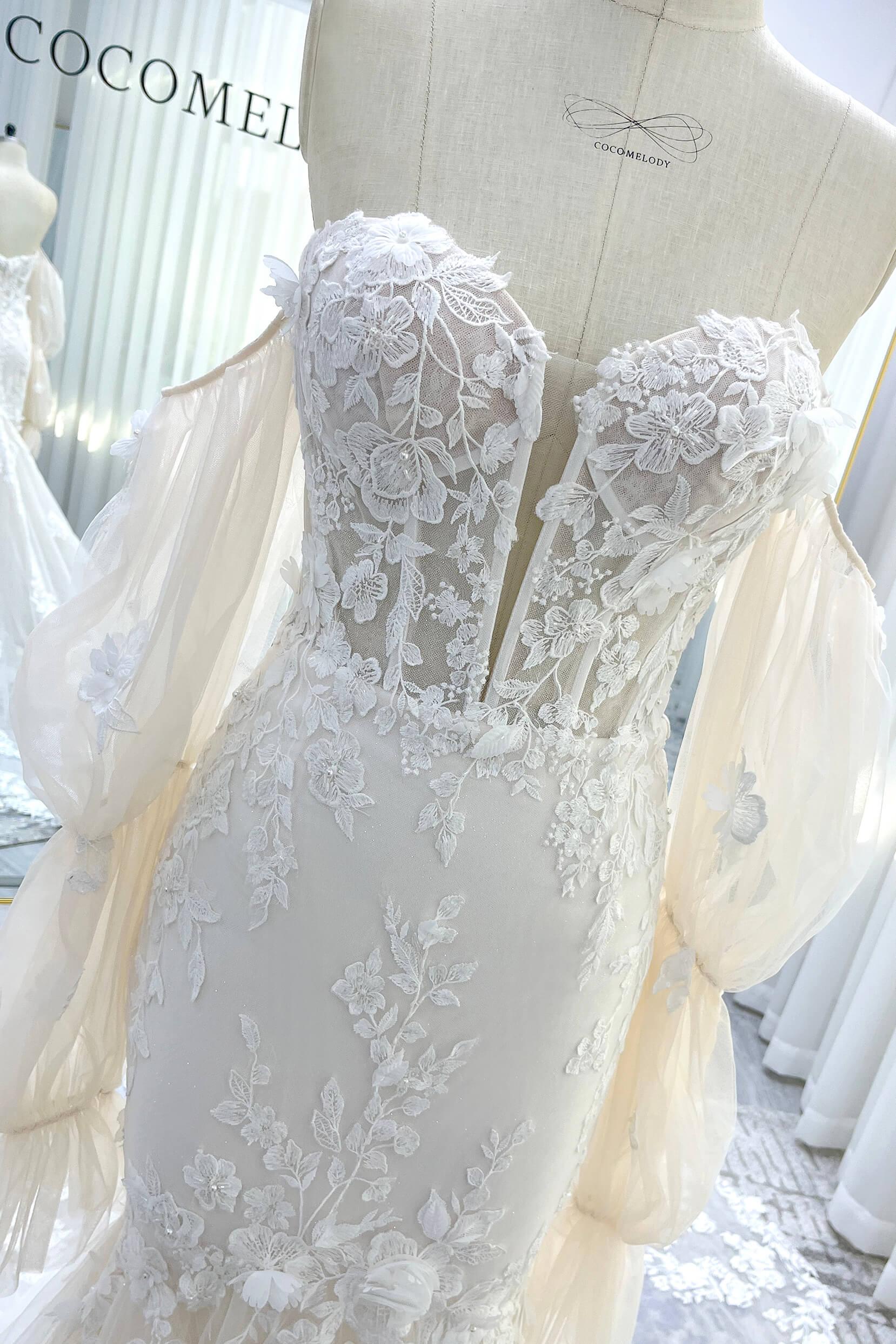 Trumpet-Mermaid Chapel Train Lace Tulle Wedding Dress CW3541 - COCOMELODY