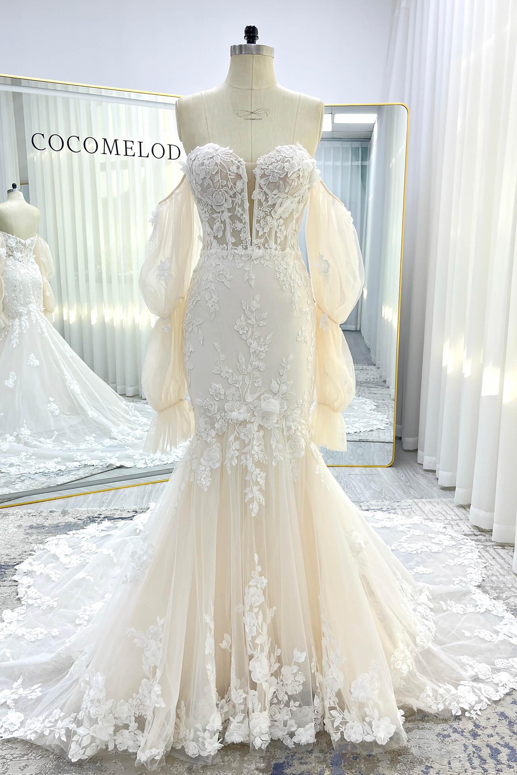 Trumpet-Mermaid Chapel Train Lace Tulle Wedding Dress CW3541 - COCOMELODY
