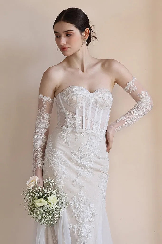 Trumpet-Mermaid Court Train Lace Tulle Wedding Dress CW3544