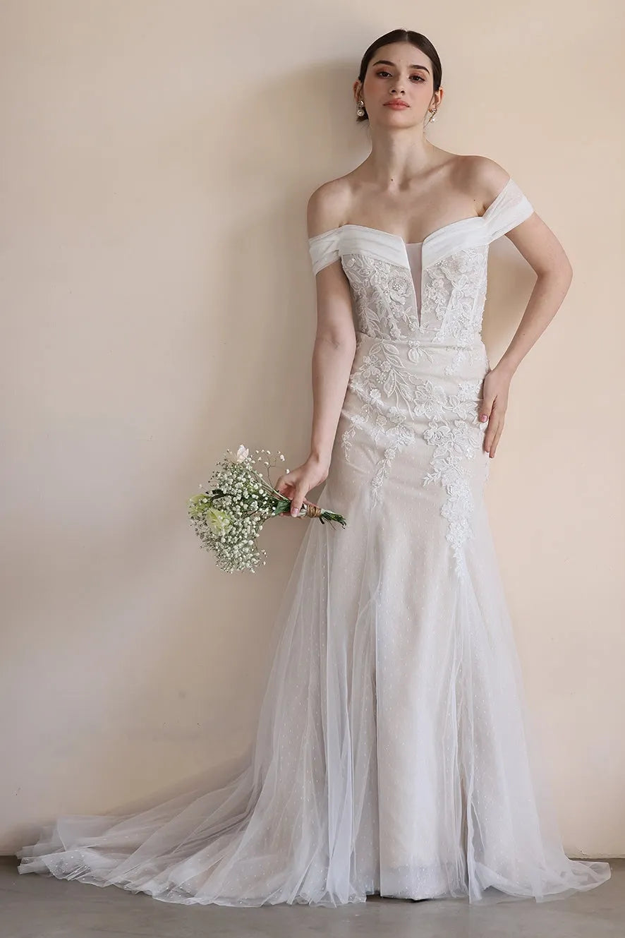 Trumpet-Mermaid Sweep-Brush Train Lace Tulle Wedding Dress CW3545