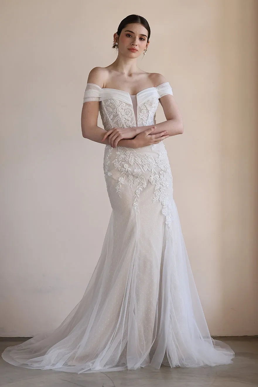Trumpet-Mermaid Sweep-Brush Train Lace Tulle Wedding Dress CW3545