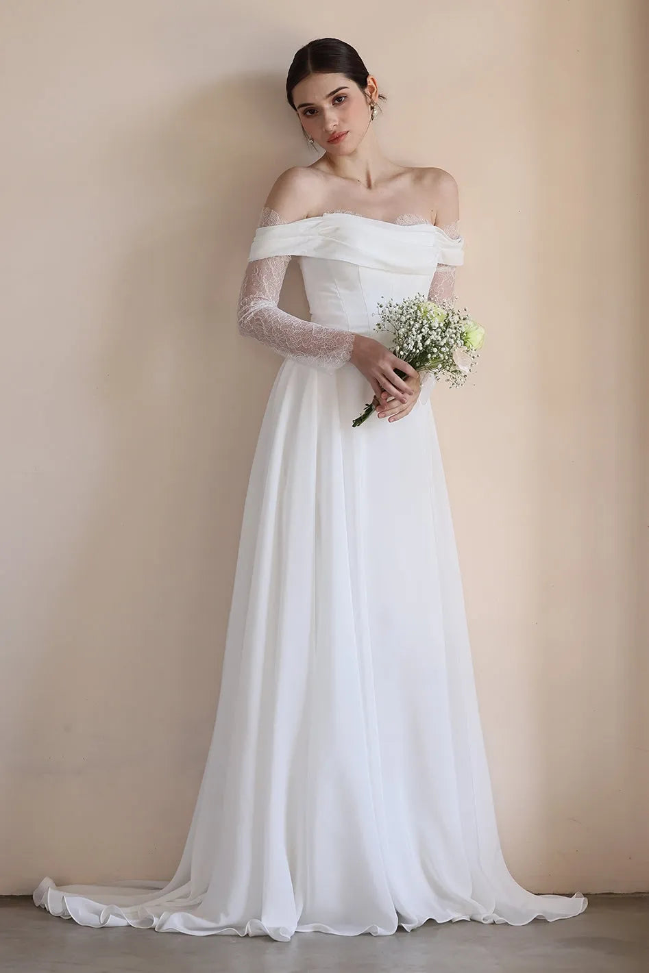 A-Line Sweep-Brush Train Lace Chiffon Wedding Dress CW3546