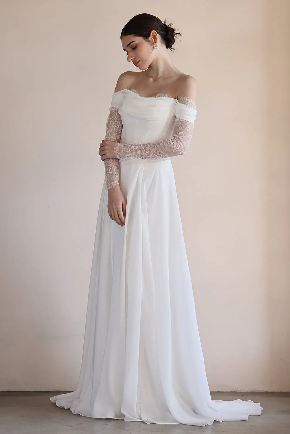 A-Line Sweep-Brush Train Lace Chiffon Wedding Dress CW3546