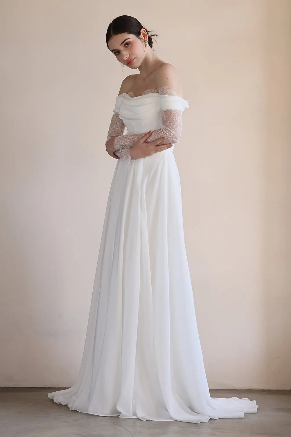 A-Line Sweep-Brush Train Lace Chiffon Wedding Dress CW3546