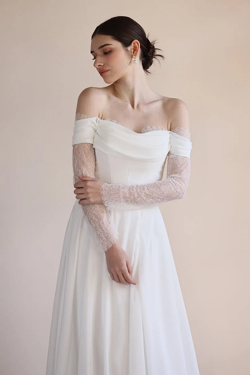 A-Line Sweep-Brush Train Lace Chiffon Wedding Dress CW3546
