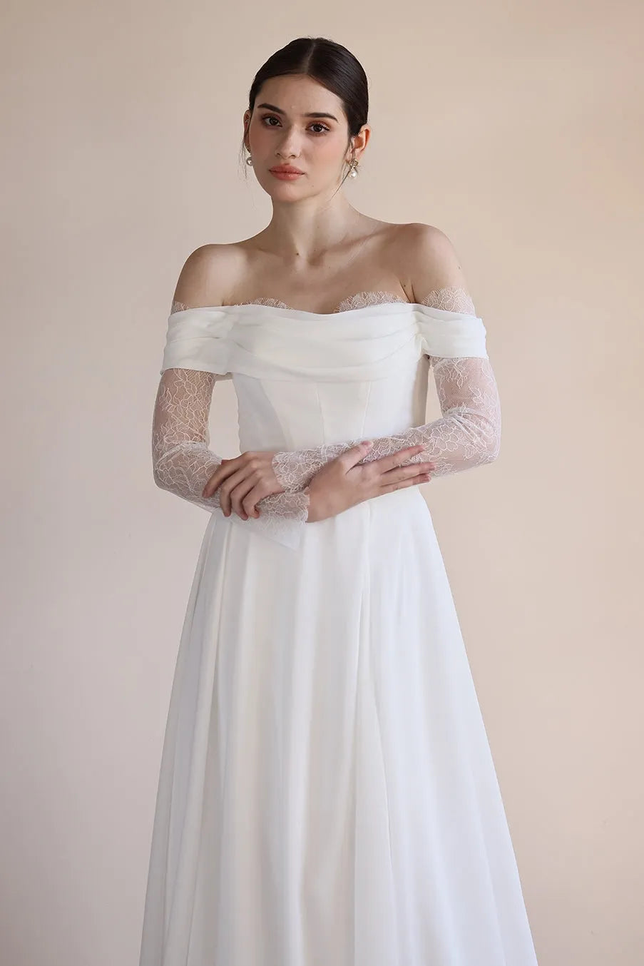 A-Line Sweep-Brush Train Lace Chiffon Wedding Dress CW3546