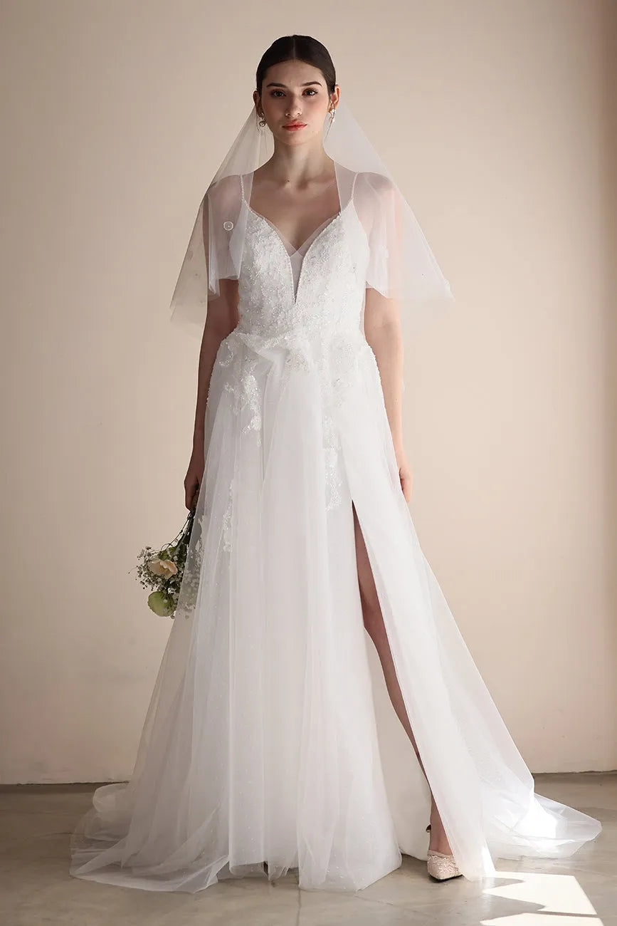 A-Line Sweep-Brush Train Lace Tulle Wedding Dress CW3547