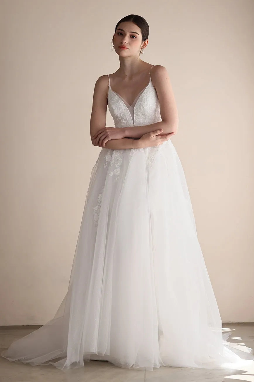 A-Line Sweep-Brush Train Lace Tulle Wedding Dress CW3547