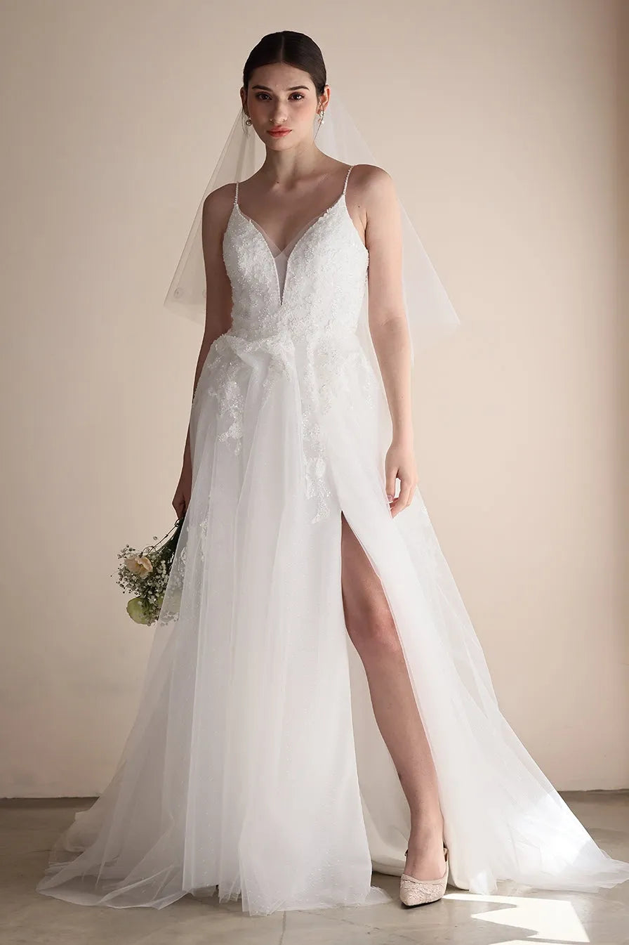 A-Line Sweep-Brush Train Lace Tulle Wedding Dress CW3547