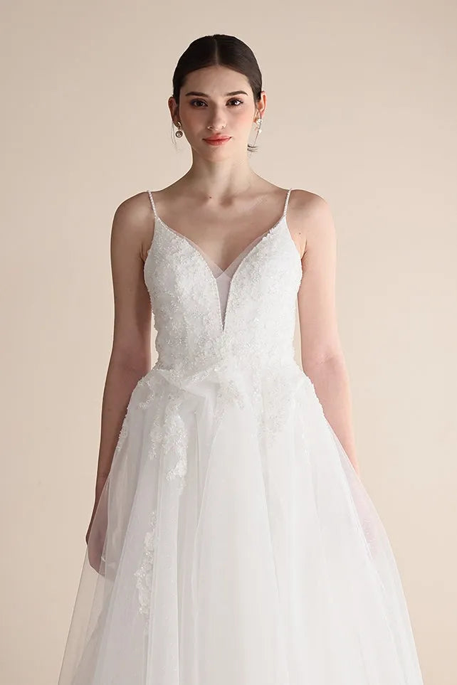 A-Line Sweep-Brush Train Lace Tulle Wedding Dress CW3547