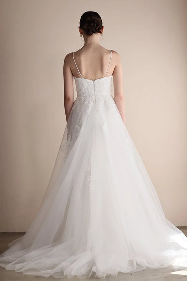 A-Line Sweep-Brush Train Lace Tulle Wedding Dress CW3547