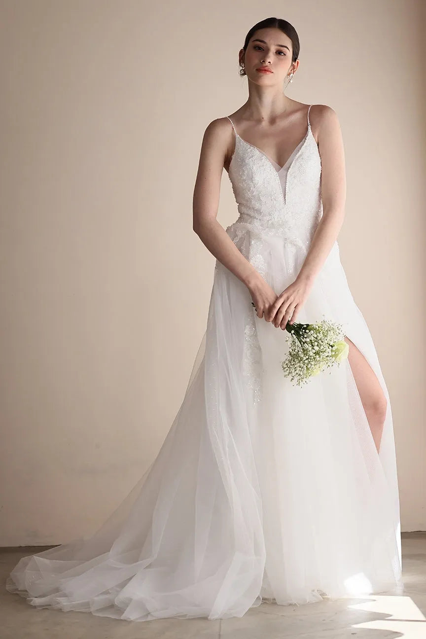 A-Line Sweep-Brush Train Lace Tulle Wedding Dress CW3547