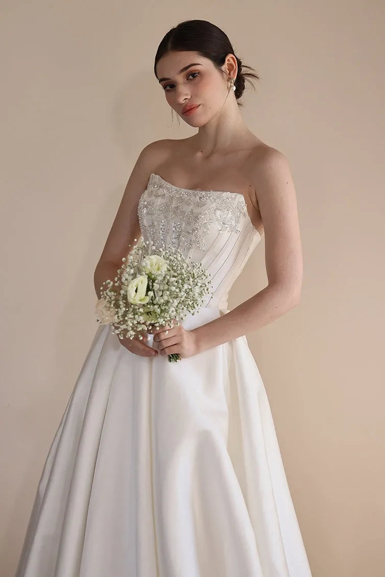 A-Line Floor Length Satin Wedding Dress CW3549