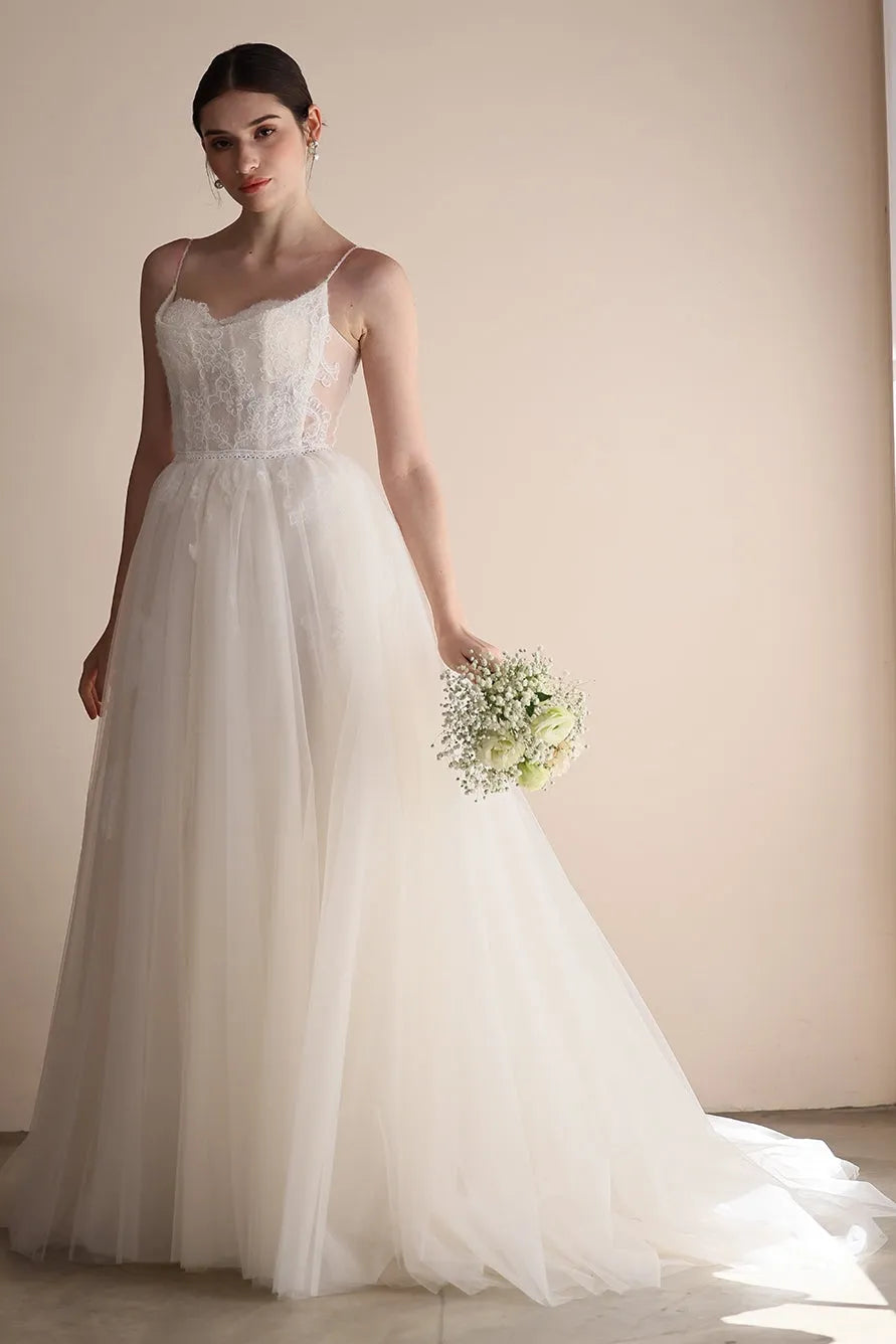 A-Line Sweep-Brush Train Lace Tulle Wedding Dress CW3553