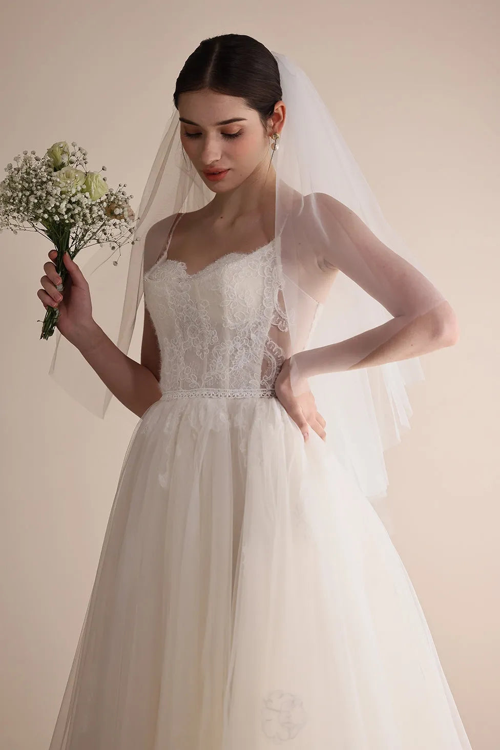 A-Line Sweep-Brush Train Lace Tulle Wedding Dress CW3553