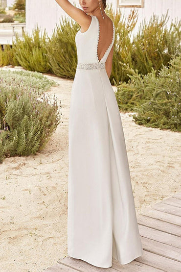 V-Neck Floor Length Chiffon Wedding Jumpsuit CW3557