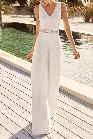 V-Neck Floor Length Chiffon Wedding Jumpsuit CW3557